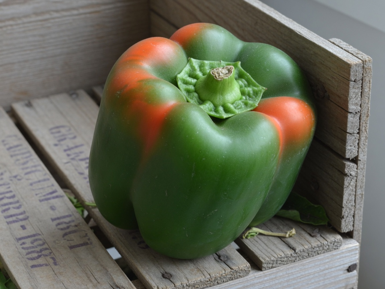 Capsicum annuum bell identification photo: blocky thick-lobed green fruit turning red on one shoulder, sitting on a wooden crate.