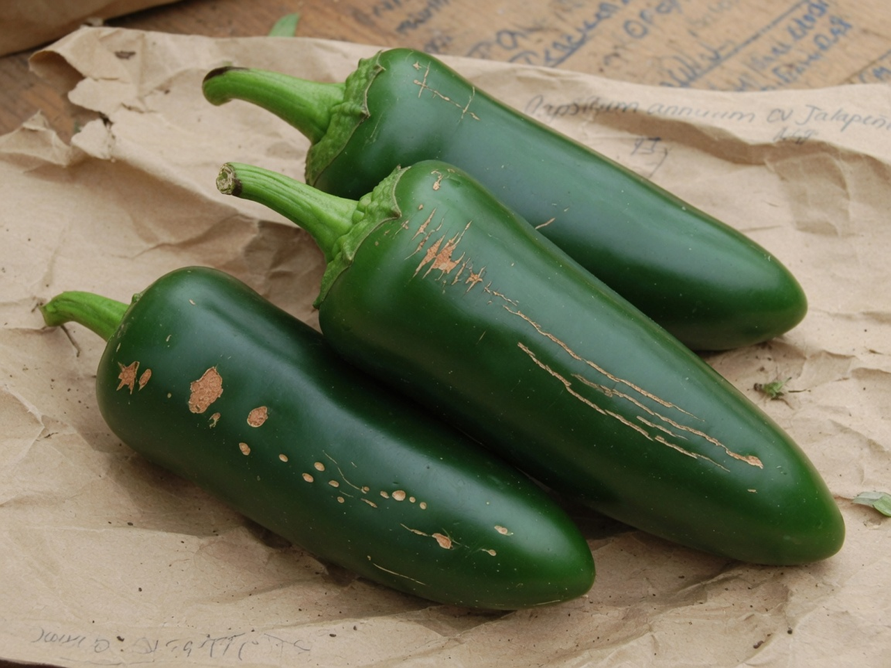 Capsicum annuum jalapeño identification photo: thick-walled glossy dark-green cylindrical pods with intact calyxes and corking russet on kraft paper.