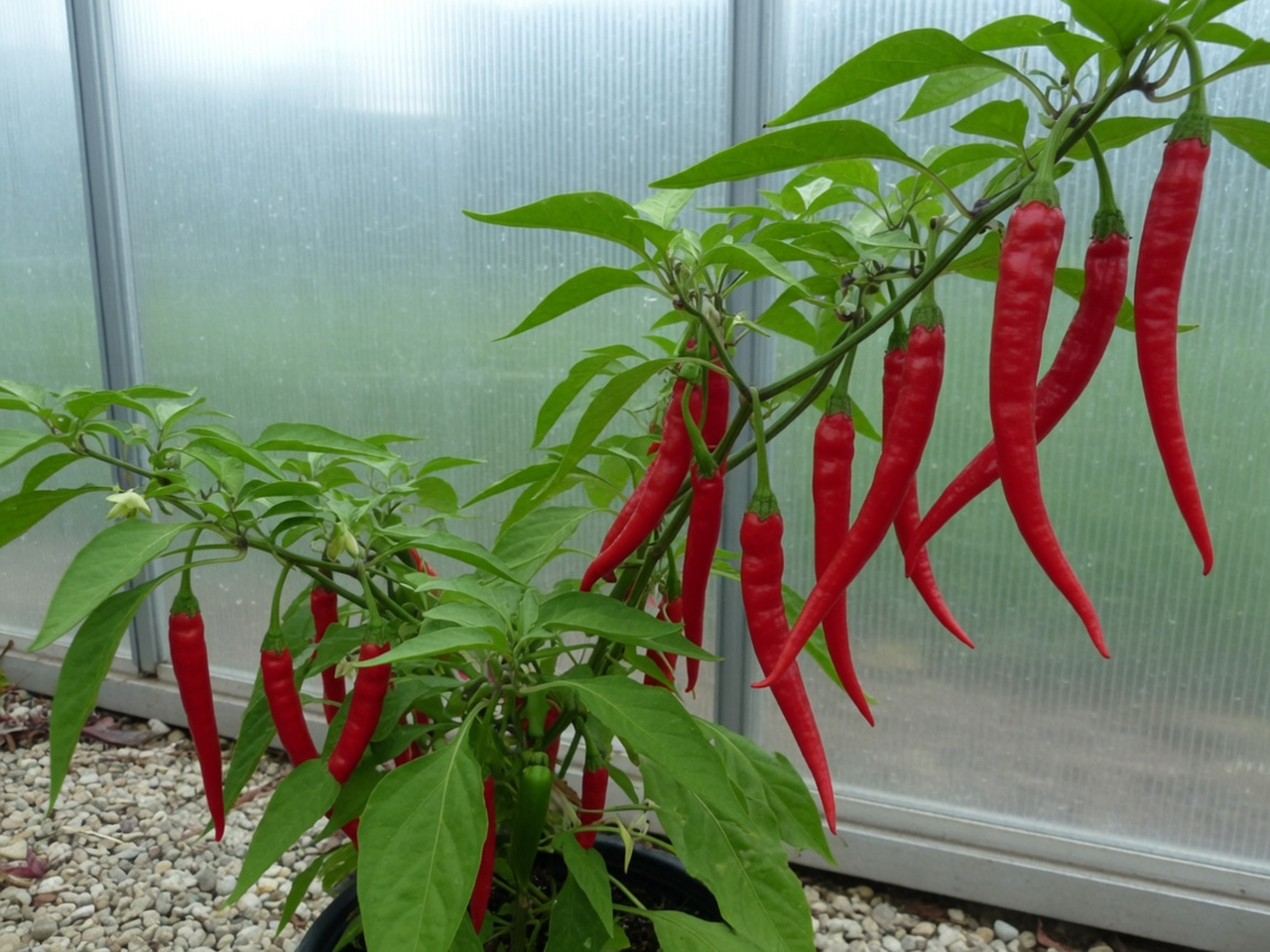 Long thin wrinkled red cayenne pods hanging on the plant