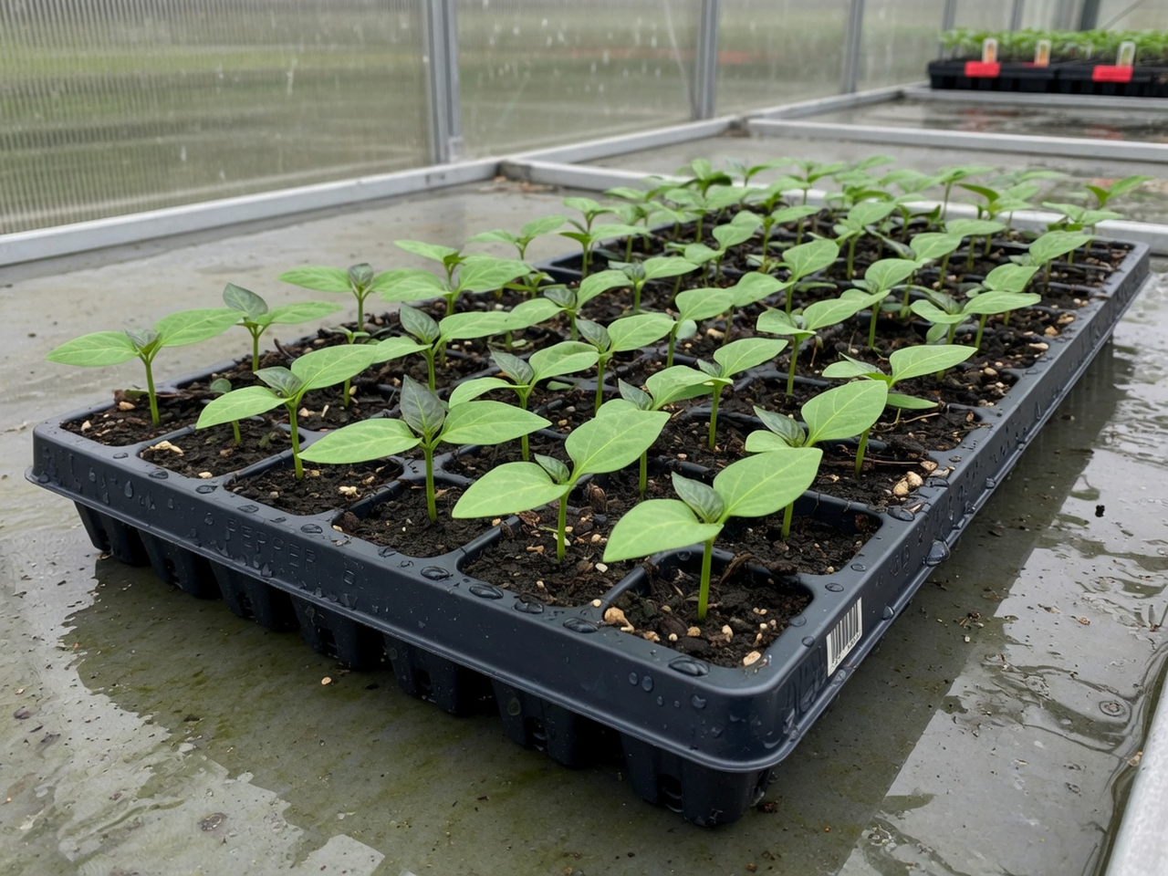Pepper seedlings with cotyledons and first true leaves in a black cell tray